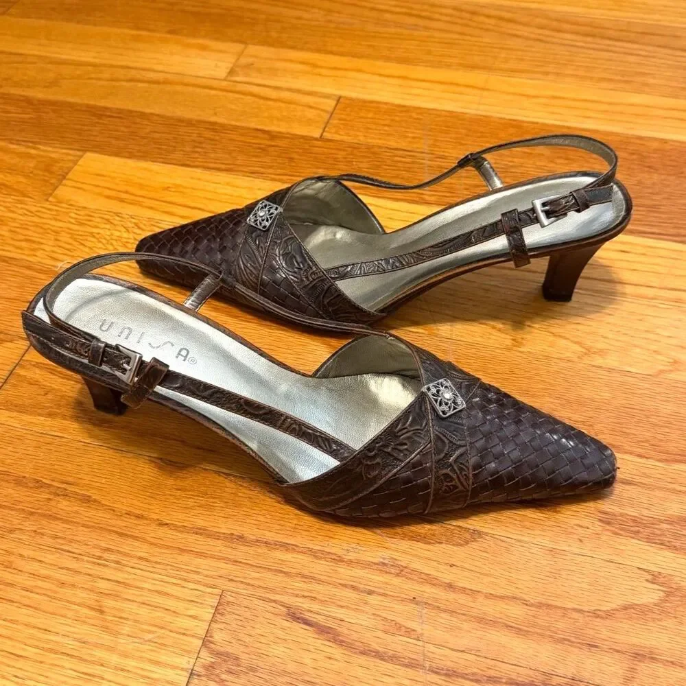 Vintage 90s UNISA Brown Leather Slingback Heels Pointed Toe Jewel Accent Sz 9.5